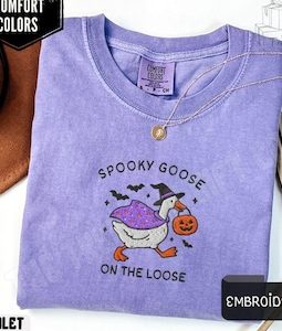 Embroidered Spooky Goose Shirt Comfort Colors® Halloween TShirt, Witchy Silly Goose Lover Tee, Girly Halloween Gift, Trick or Treat Outfit