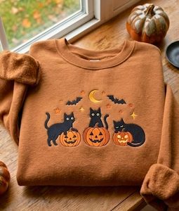 Embroidered Black Cats Pumpkins Sweatshirt, Spooky Halloween Autumn Tee