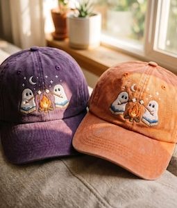 Embroidered Ghosts Camping Baseball Hat, Spooky Season Cap