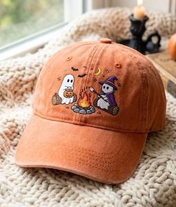 Washed Cotton Halloween Ghost Campfire Embroidered Cap