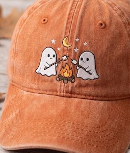 Embroidered Ghost Campfire Hat, Embroidered Halloween Cap, Cute Ghost Marshmallow Hat, Spooky Season Fall Cap, Cozy Autumn Gift For Women