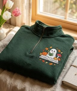 Embroidered Ghost Reading Books Quarter Zip Sweatshirt, Spooky Season Book Lover Gift