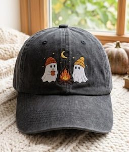 Embroidered Ghost Campfire Hat, Spooky Season Cotton Cap, Cozy Autumn Vibes