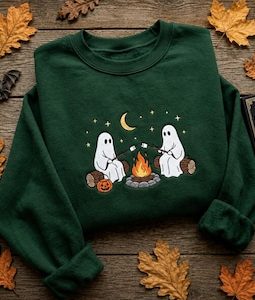 Ghost Campfire Embroidered Sweatshirt, Halloween Ghost Embroidery Shirt, Cute Spooky Camping Tee, Fall Ghost Shirt, Spooky Season Gift