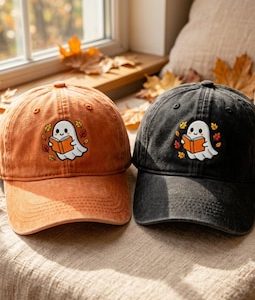 Ghost Reading Book Embroidered Washed Cotton Dad Cap, Spooky Literary Baseball Hat