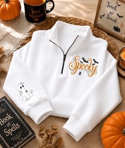Spooky Halloween Quarter Zip Sweatshirt, Embroidered Ghost Sweatshirt, Cute Halloween Pullover, Fall Embroidered Sweatshirt, Halloween Gift