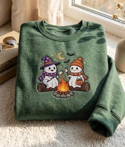 Embroidered Ghost Coffee Shirt, Cute Spooky Ghost Tee, Vintage Halloween Sweatshirt, Fall Camping Coffee Lover Gift