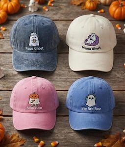 Personalized Ghost Halloween Matching Family Hats, Custom Papa Mama Grands Big Bro Mini Boo Caps, Matching Halloween Outfit,Embroidered Gift