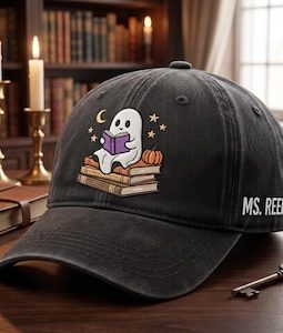 Custom Name Ghost Reading Books Embroidered Dad Hat Cute Halloween Book Lover Cap Bookish Teacher Gift Spooky Season Reader Hat  Autumn Cap