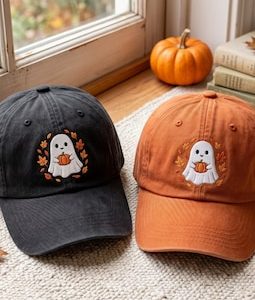 Embroidered Ghost Baseball Hat, Cottagecore Flower Hat, Halloween Spooky Season Cap, Fall Gift