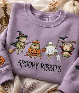 Spooky Ribbits Embroidered Shirt, Halloween Frog Embroidery Sweatshirt, Spooky Frog Gift Hoodie, Halloween Lover Gift, Spooky Quotes Hoodie